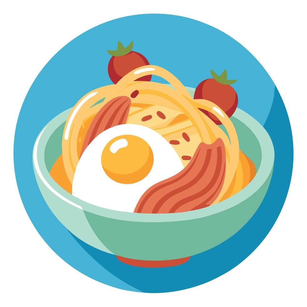 A bowl of spaghetti topped with crispy bacon. cooked eggs. and grated parmesan cheese vector