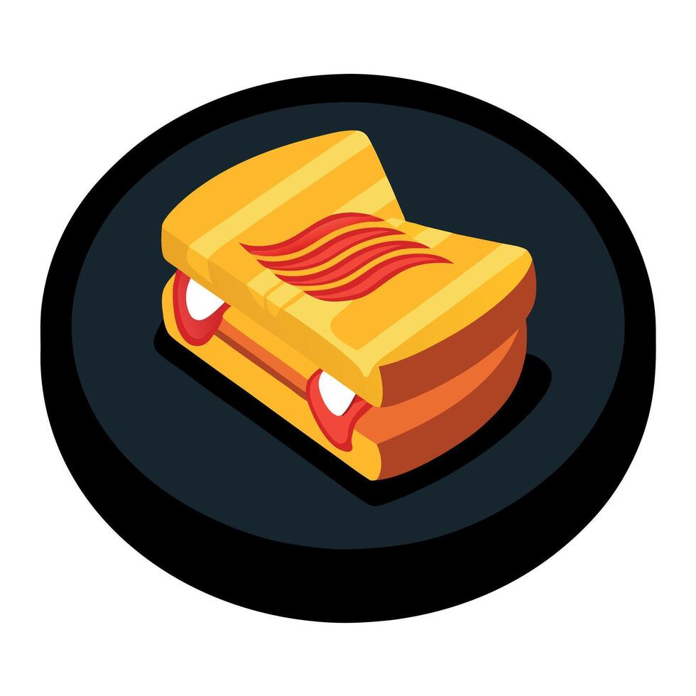 A grilled cheese and bacon sandwich served on a black plate with a golden brown crust vector