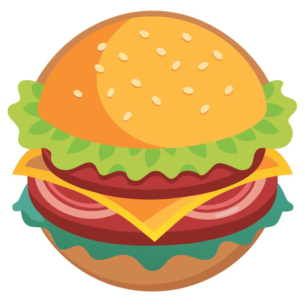 A juicy burger with lettuce. tomato and cheese on top of it sits beside french fries vector