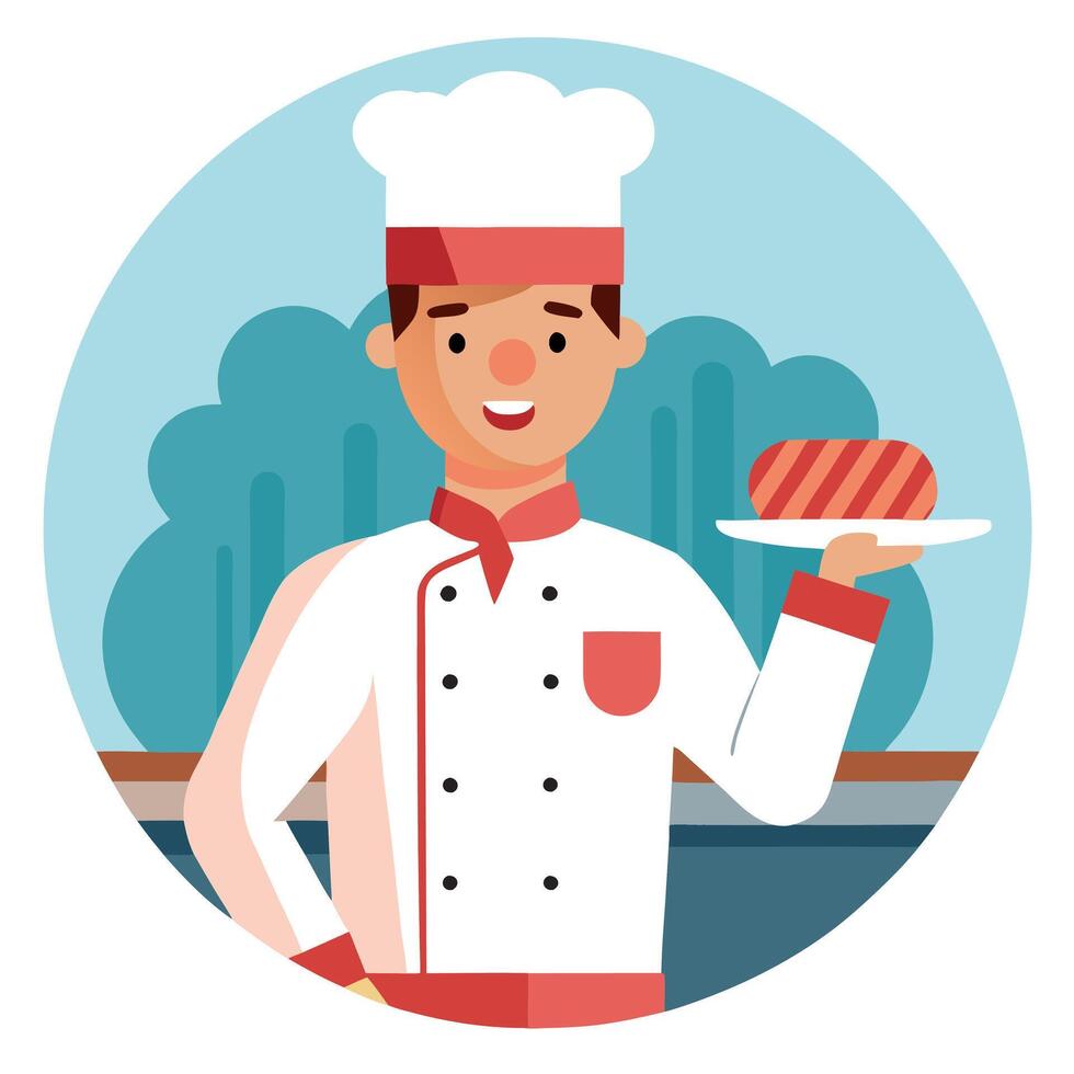 Chef in the kitchen of restaurant. plate overloaded with bacon full. ready to serve vector