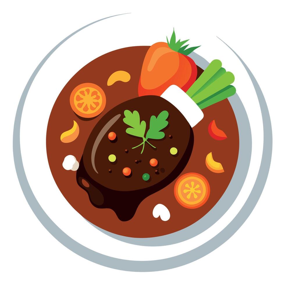 French dish of braised beef ribs with carrots and onions in red wine seen from above vector
