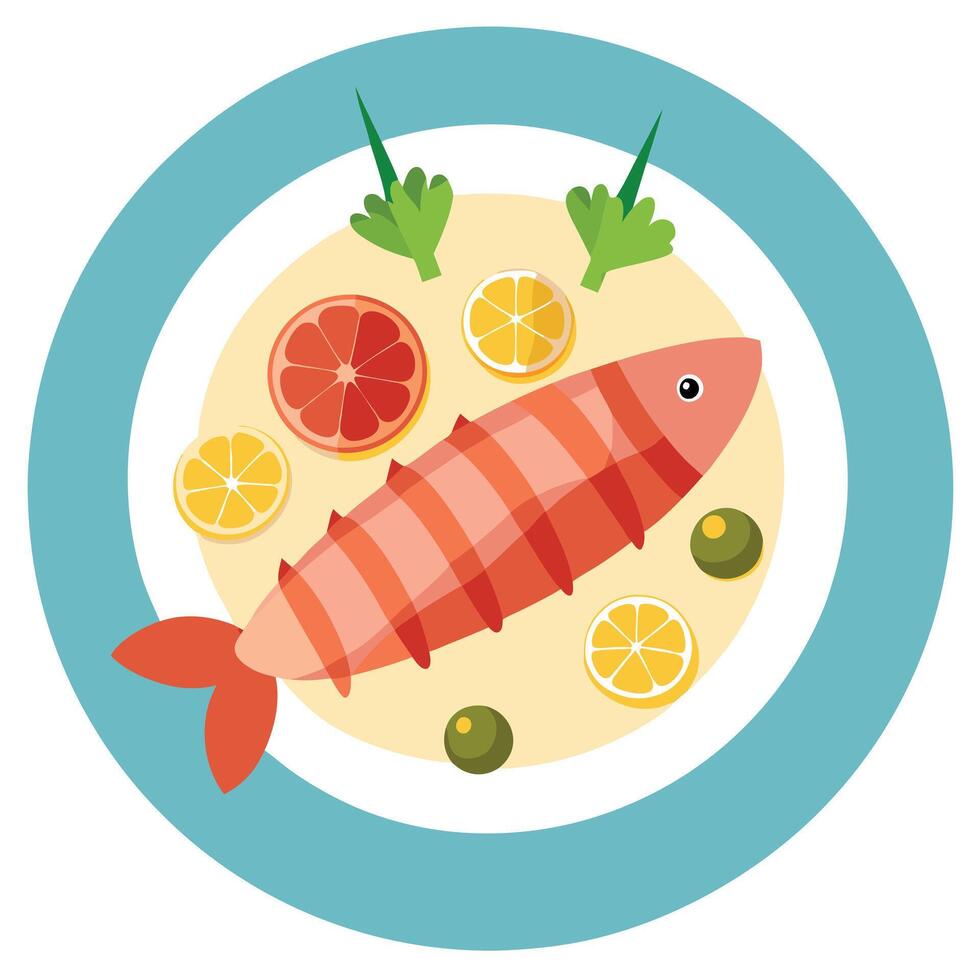 Bacon wrapped haddock with crayfish tails lemon potatoes green beans olives top view vector