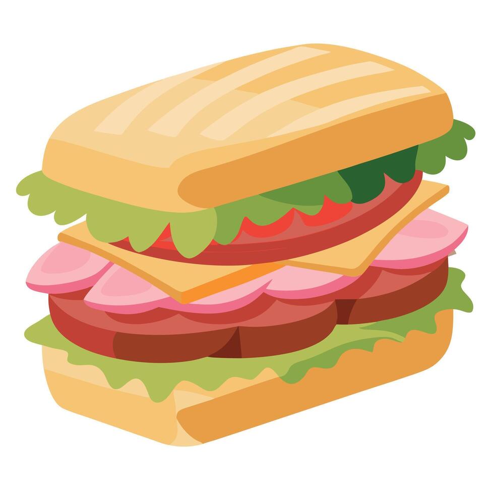 A charcuterie sandwich or panini with layers of cured meats. cheese. and vegetables vector