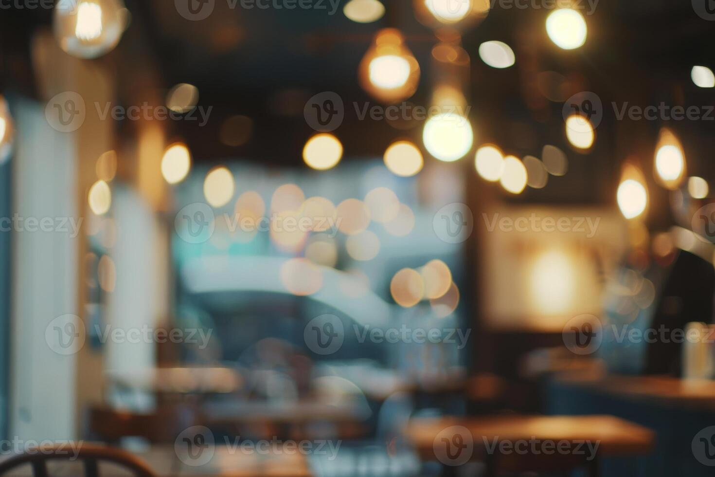 Blurred abstract atmospheric cafe background, soft lighting and cozy interior. photo