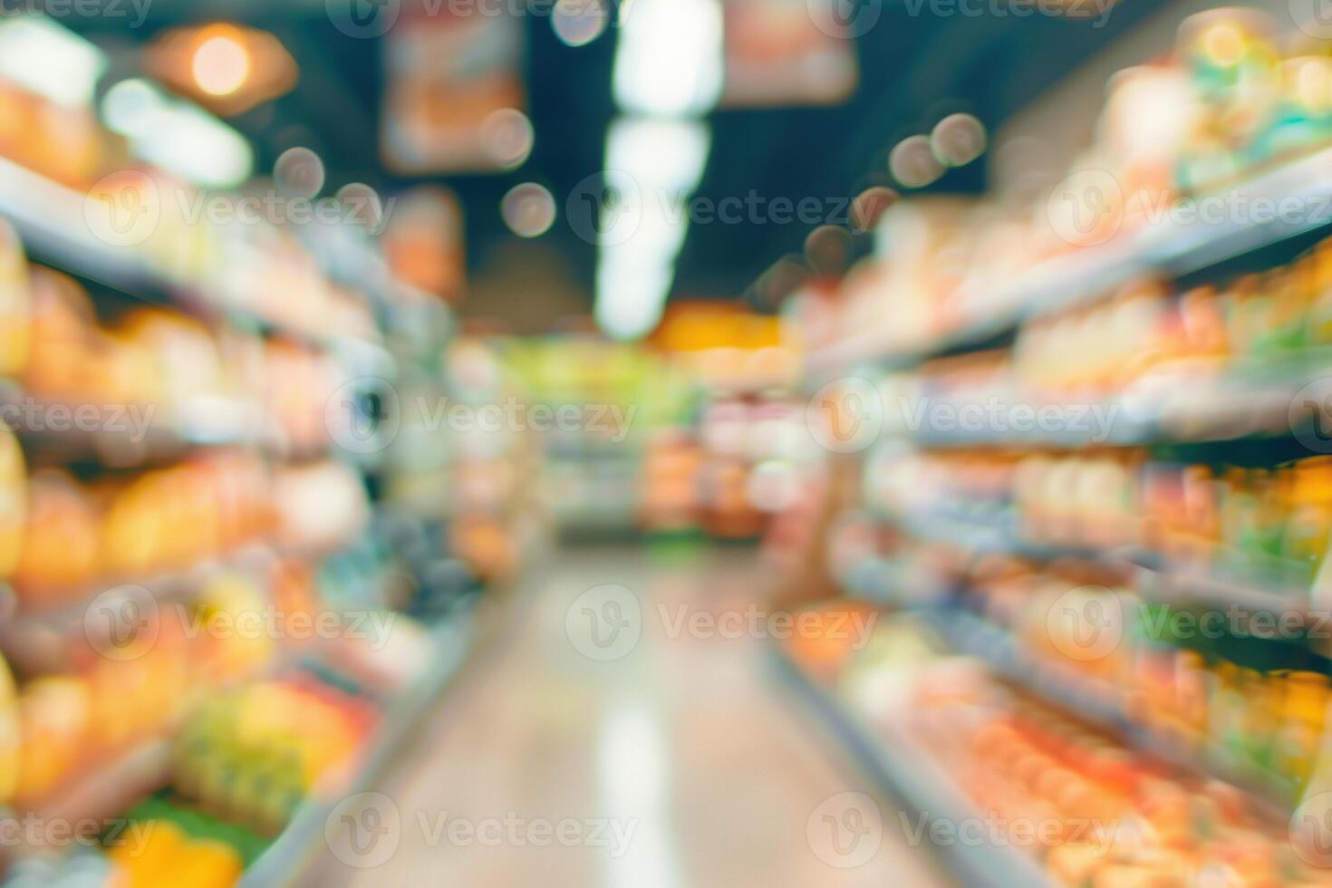 Blurry supermarket scene with bokeh lights, evoking a relaxed shopping experience. photo