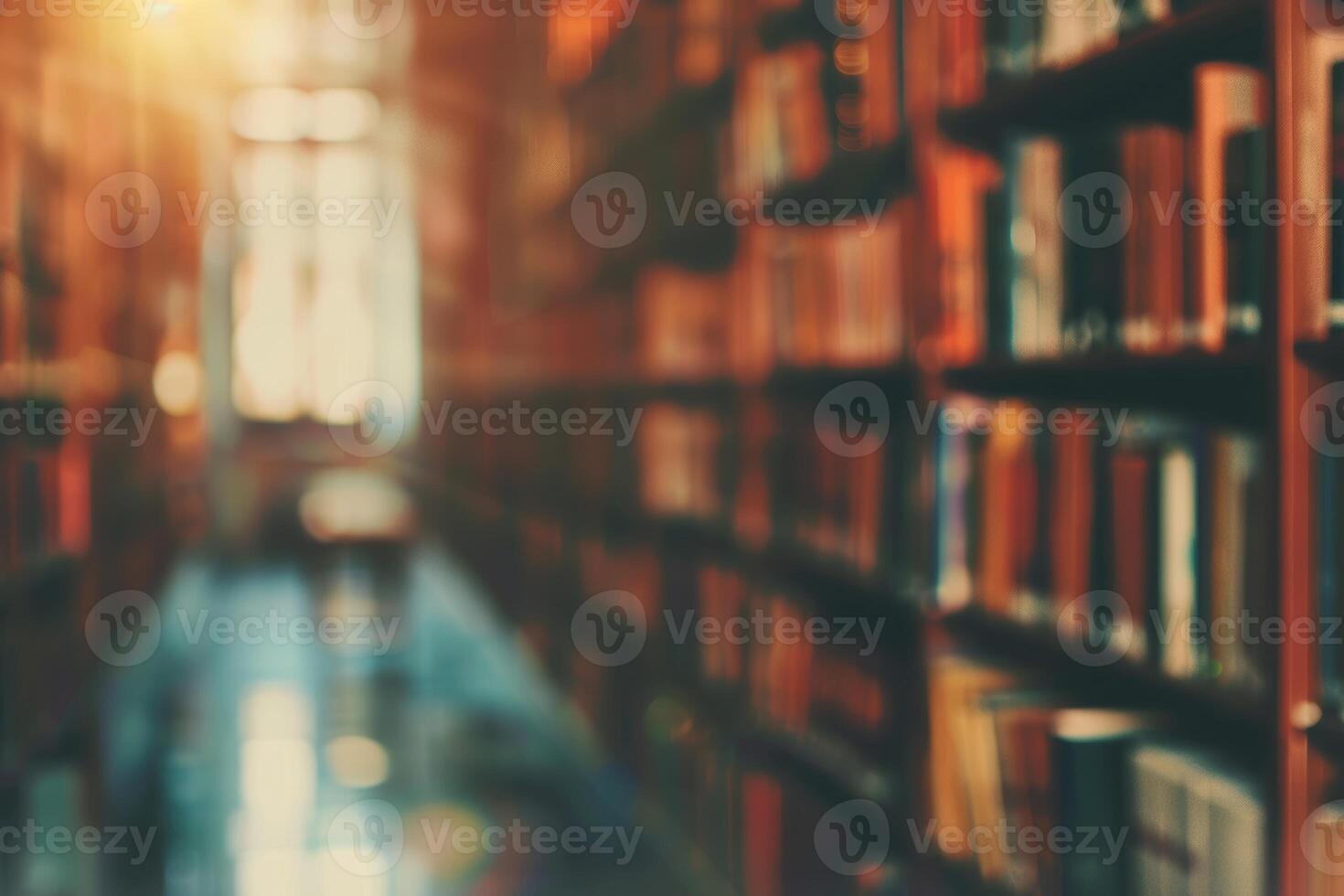 Soft blurred abstract library background with books, peaceful reading vibe. photo