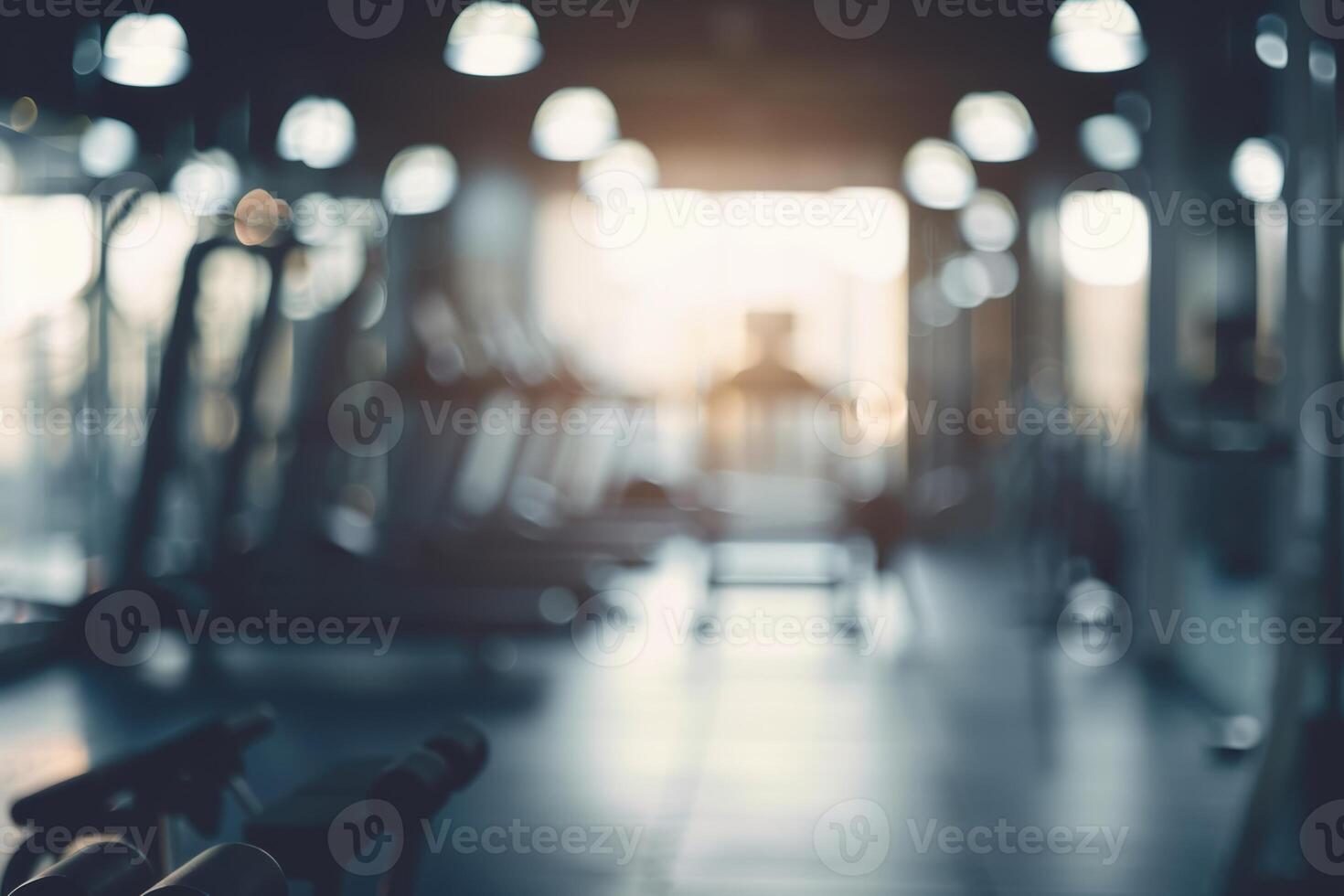 Blurred abstract gym background with workout equipment, modern athletic energy photo