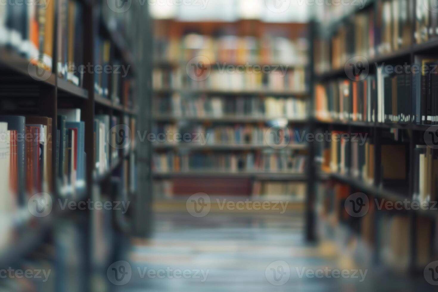 Soft blurred abstract library background with books, peaceful reading vibe. photo
