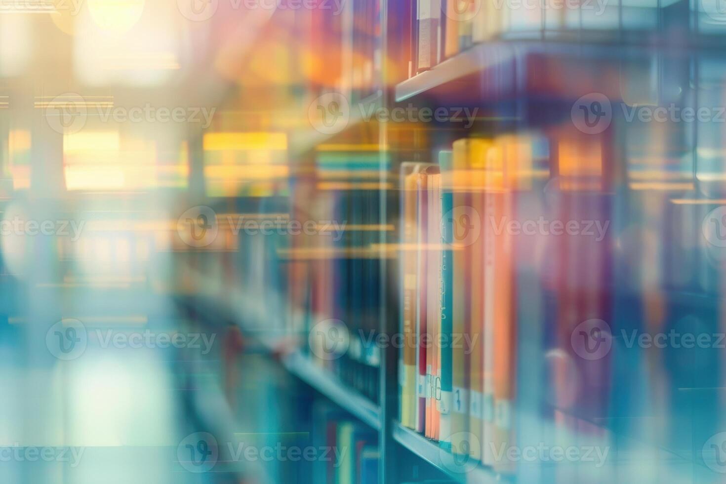Soft blurred abstract library background with books, peaceful reading vibe. photo