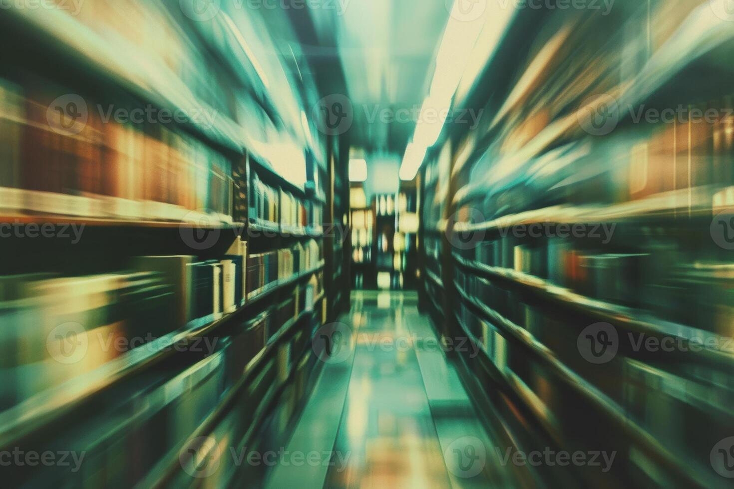 Blurred library background with books, abstract academic and calm atmosphere. photo