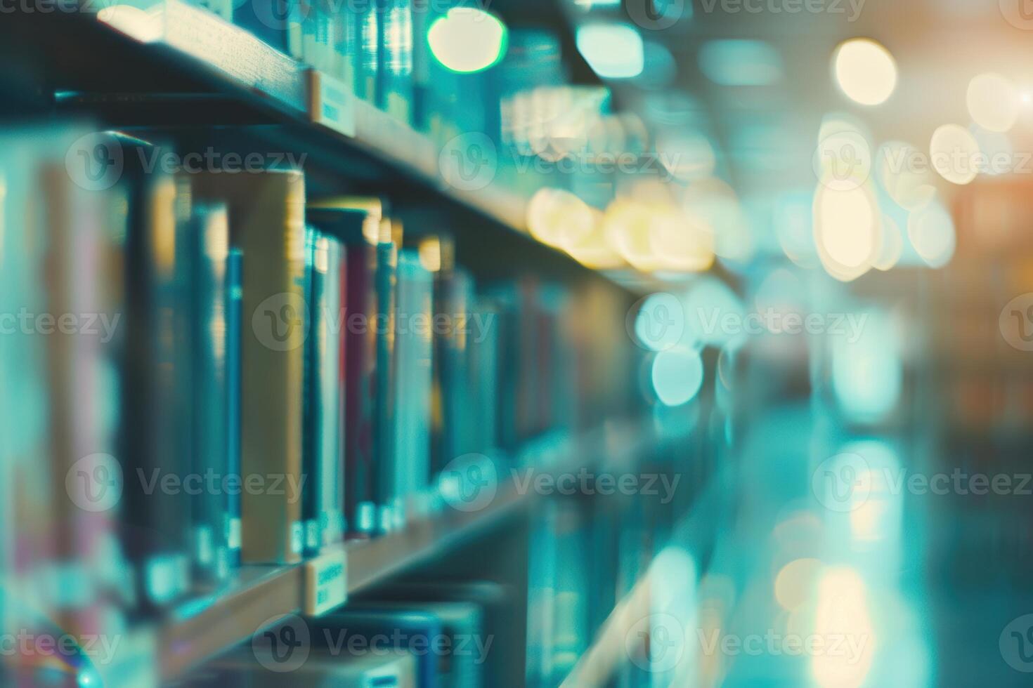 Soft blurred abstract library background with books, peaceful reading vibe. photo