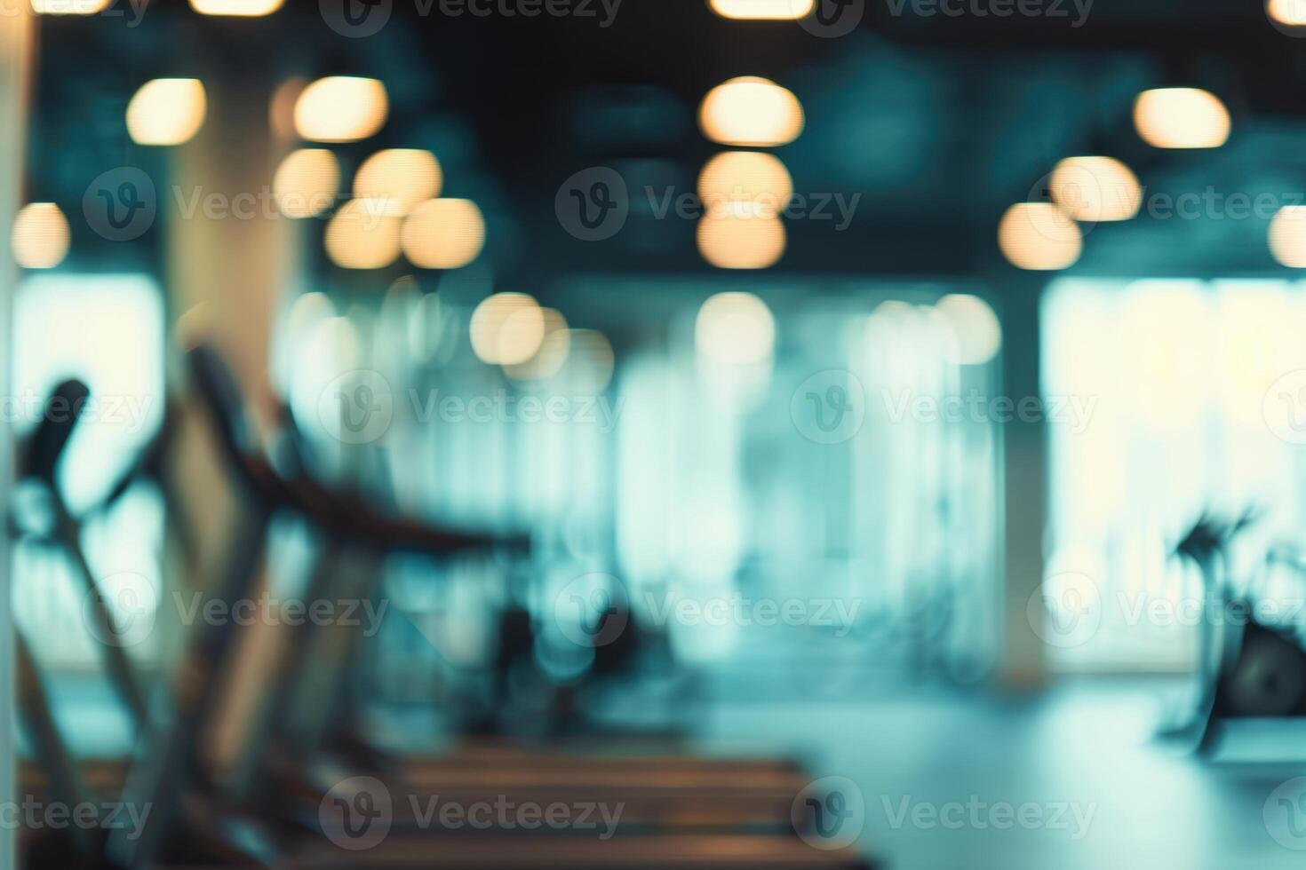 Blurred abstract gym background with workout equipment, modern athletic energy photo