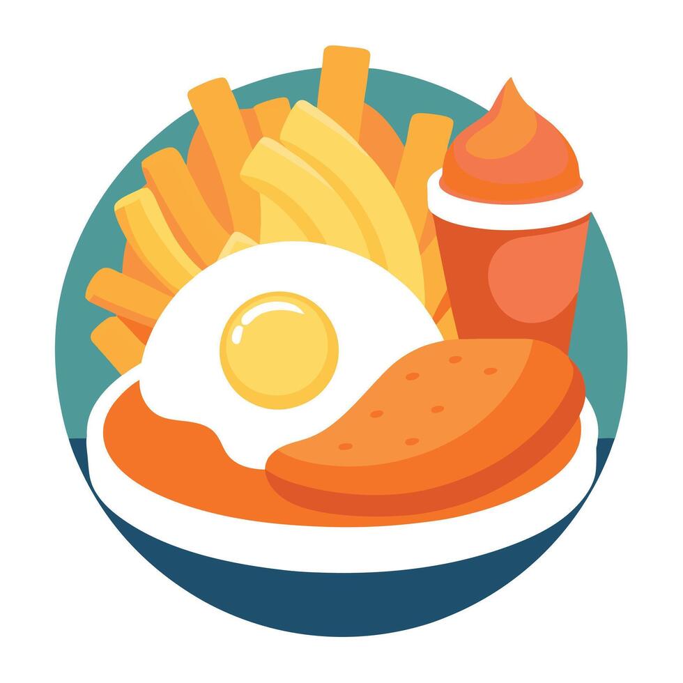 Deliciously indulgent meal with crispy fries succulent chicken and a perfectly fried egg on top vector