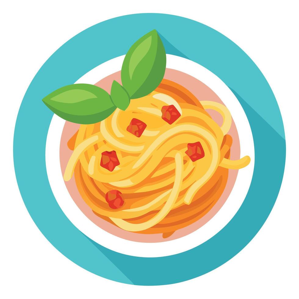 Delicious spaghetti carbonara with crispy bacon. grated parmesan cheese and fresh basil leaves. vector
