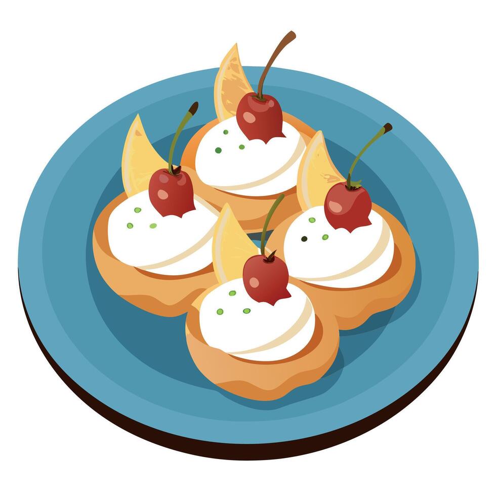 Delicious canapes with pear. goat cheese. and pancetta crisps on the plate close up vector