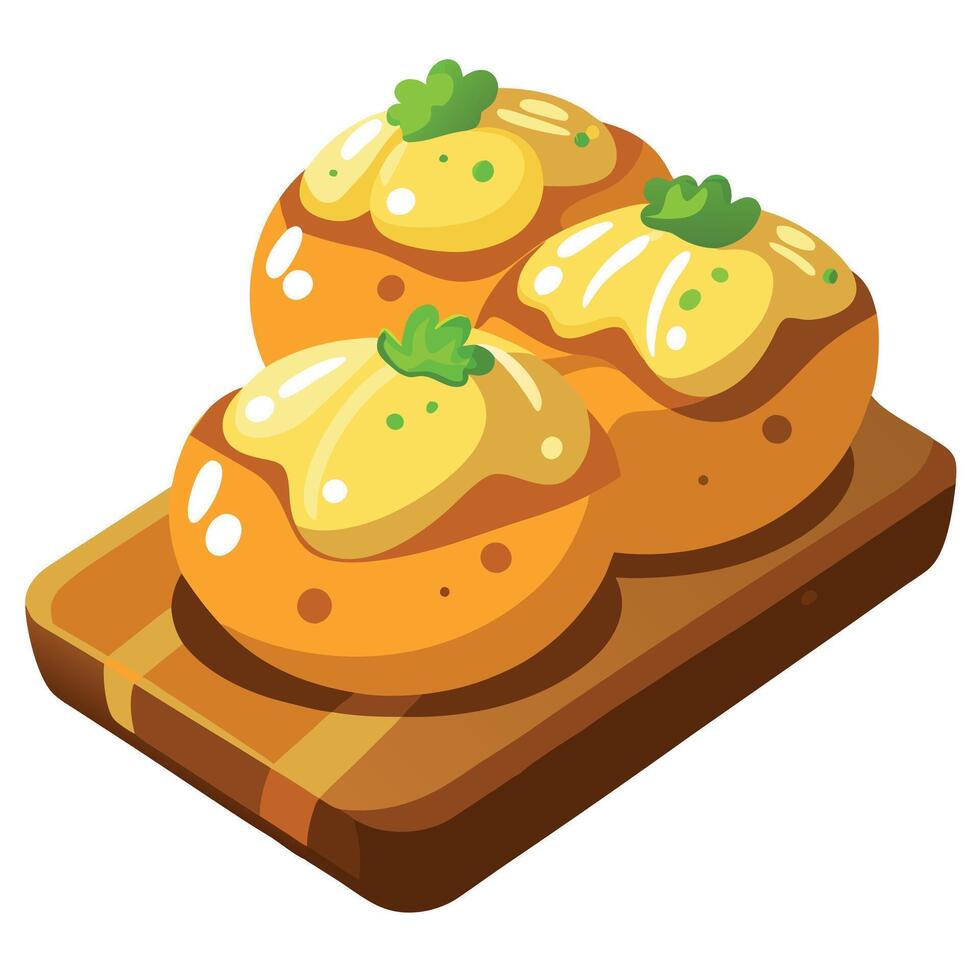 Close-up of tasty baked potatoes on wooden board. Delicious dish. Culinary concept. vector