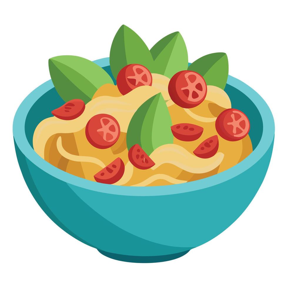 BLT Pasta Salad. Close-up of pasta salad with bacon. cherry tomatoes. and vegetables in a bowl. vector