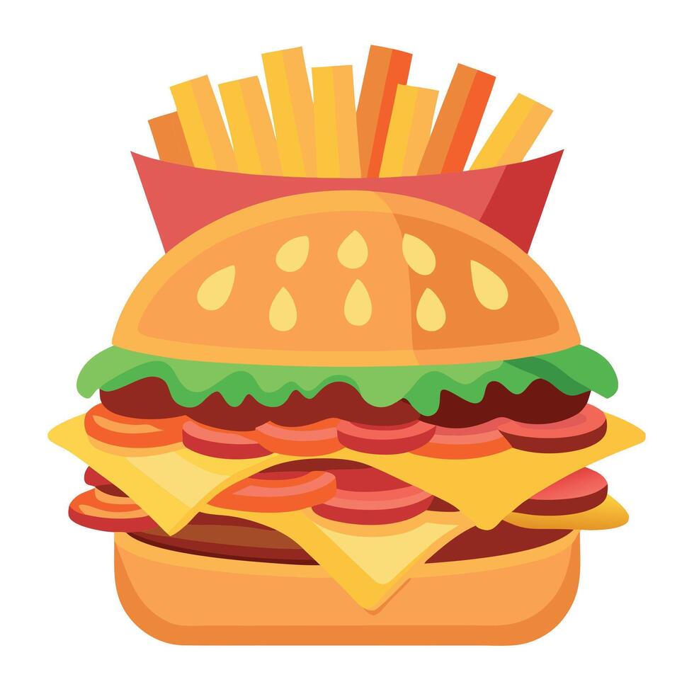 Juicy Cheeseburger with Bacon and Sauteed Onions Served with Seasoned French Fries vector