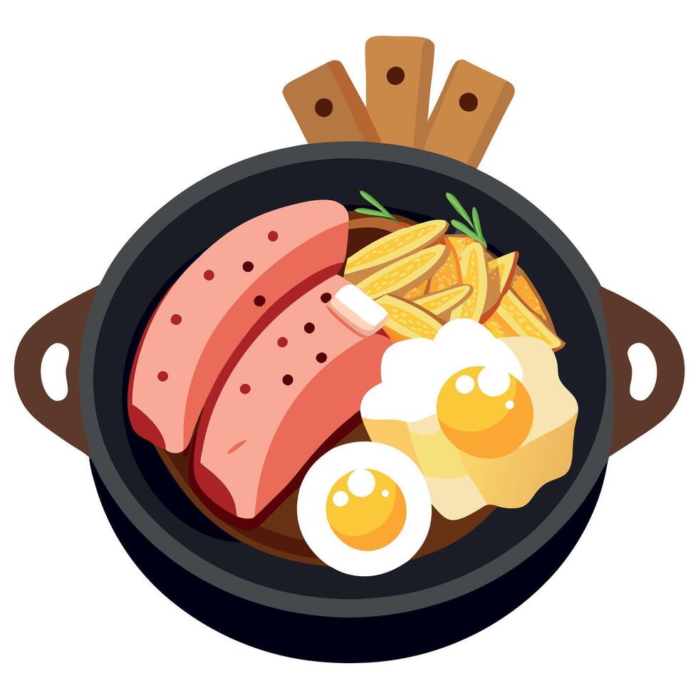German dish Smoked pork with sauerkraut and fried potatoes in a cast iron pan on a rustic table vector