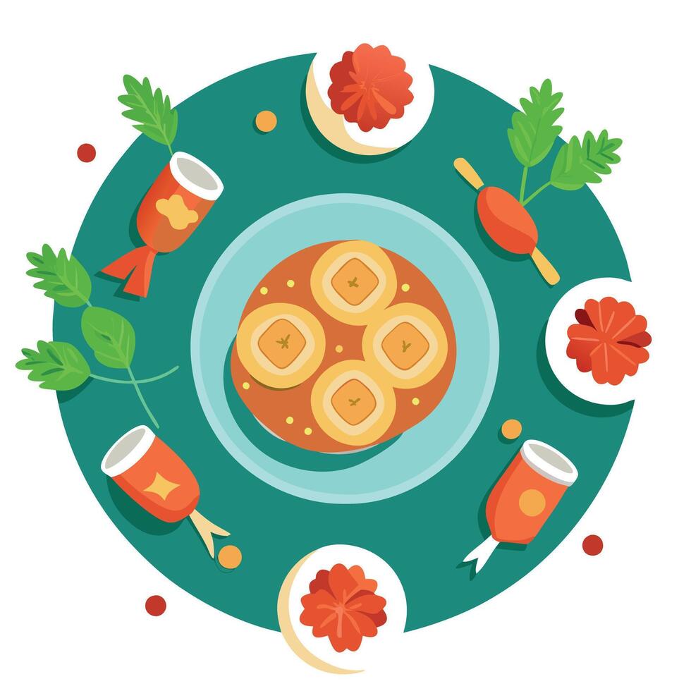 Italian Christmas tabletop with stuffed puff pastry rolls viewed from above with space for text vector