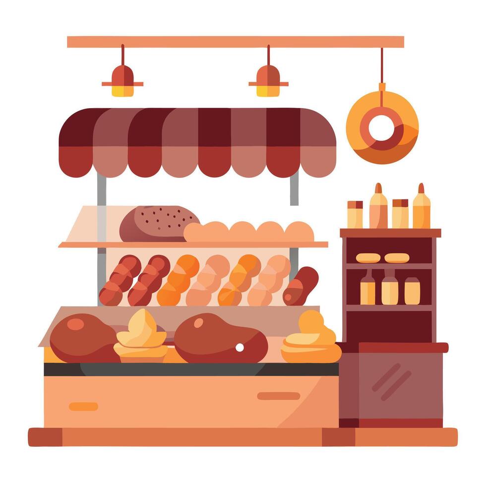 A variety of meats and sausages are on display at a deli counter. illuminated by warm lighting. vector