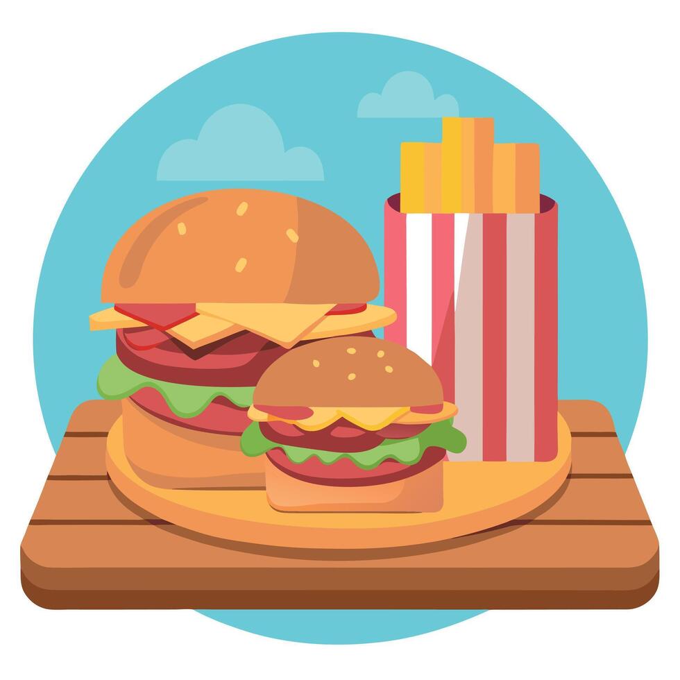Hamburgers with bacon and fries on the wooden plank in front of the cafe background vector
