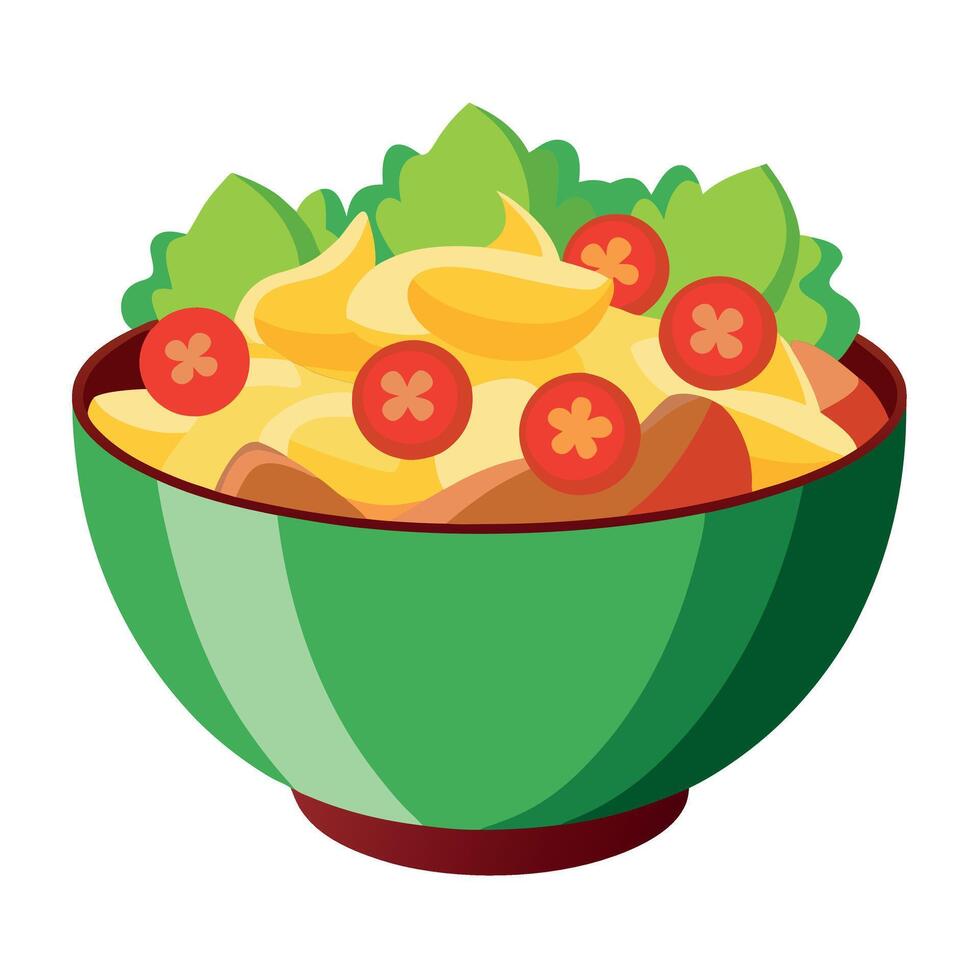 Bowl loaded baked potato salad with lettuce tomatoes cheese bacon green onions. lunch side dish vector