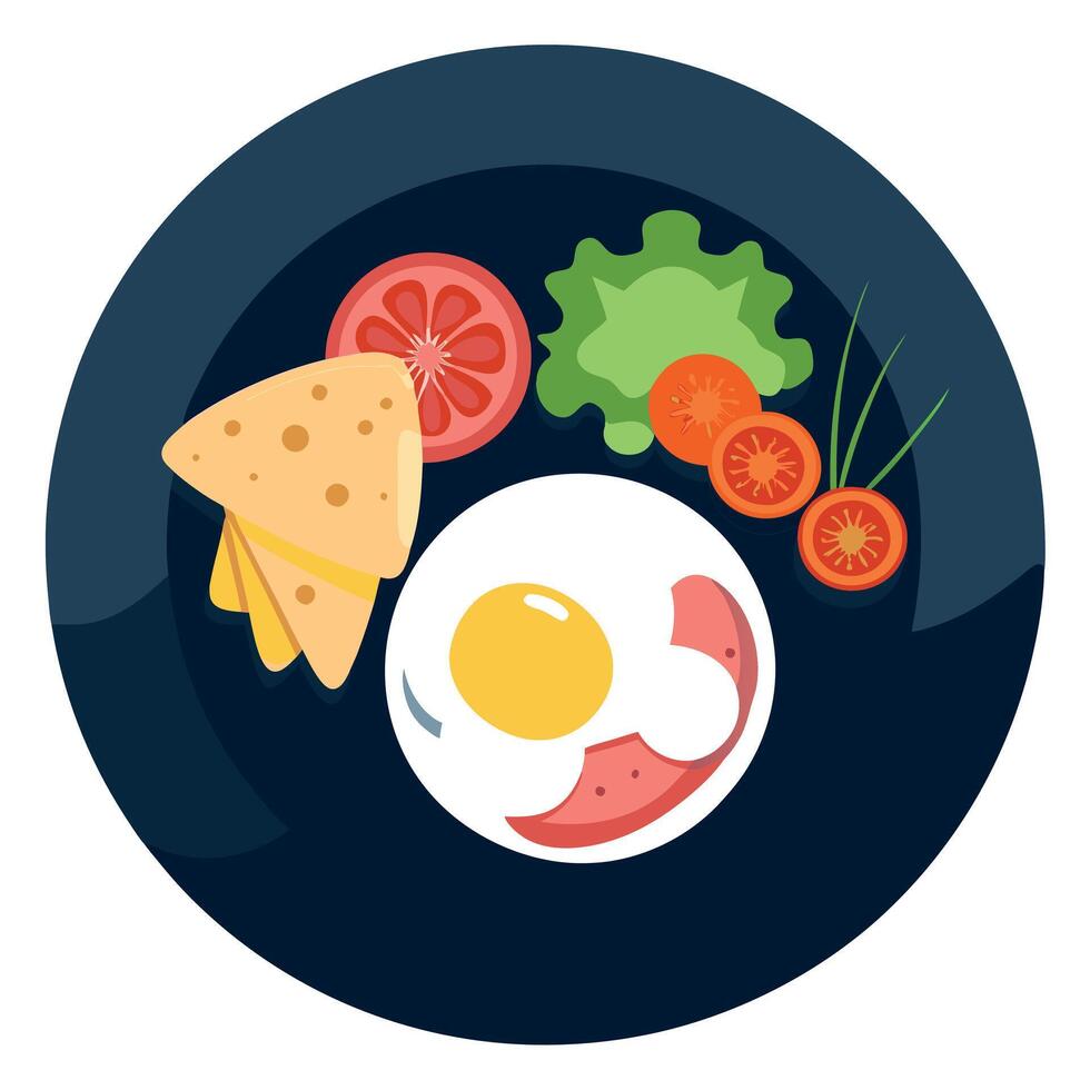 Delicious plate with ham and cheese. scrambled eggs and salad. top view dark background. vector