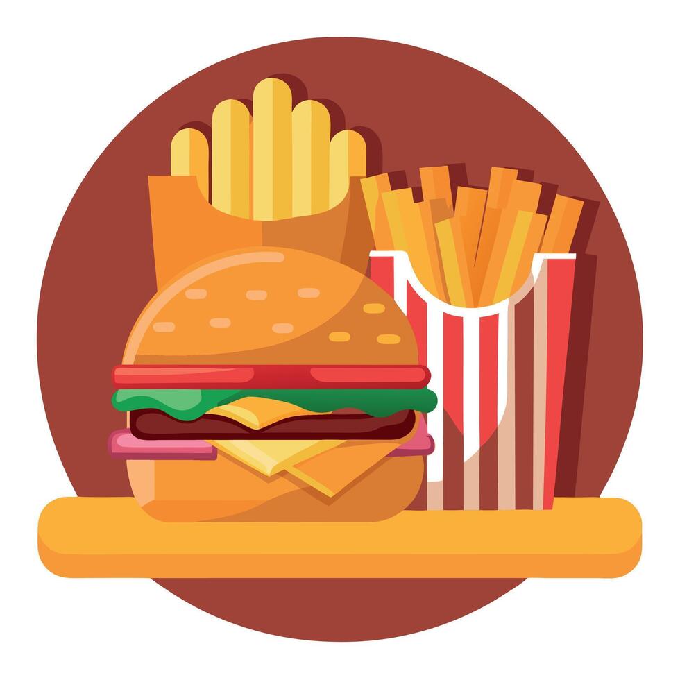 Burger and fries on wooden background. Burger with cheddar cheese. bacon and onion. vector