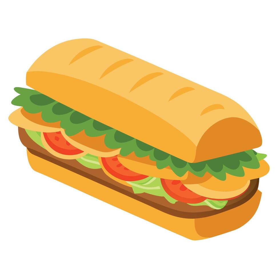 Large baguette sub sandwich with roast chicken. greens and vegetables on dark grey table vector