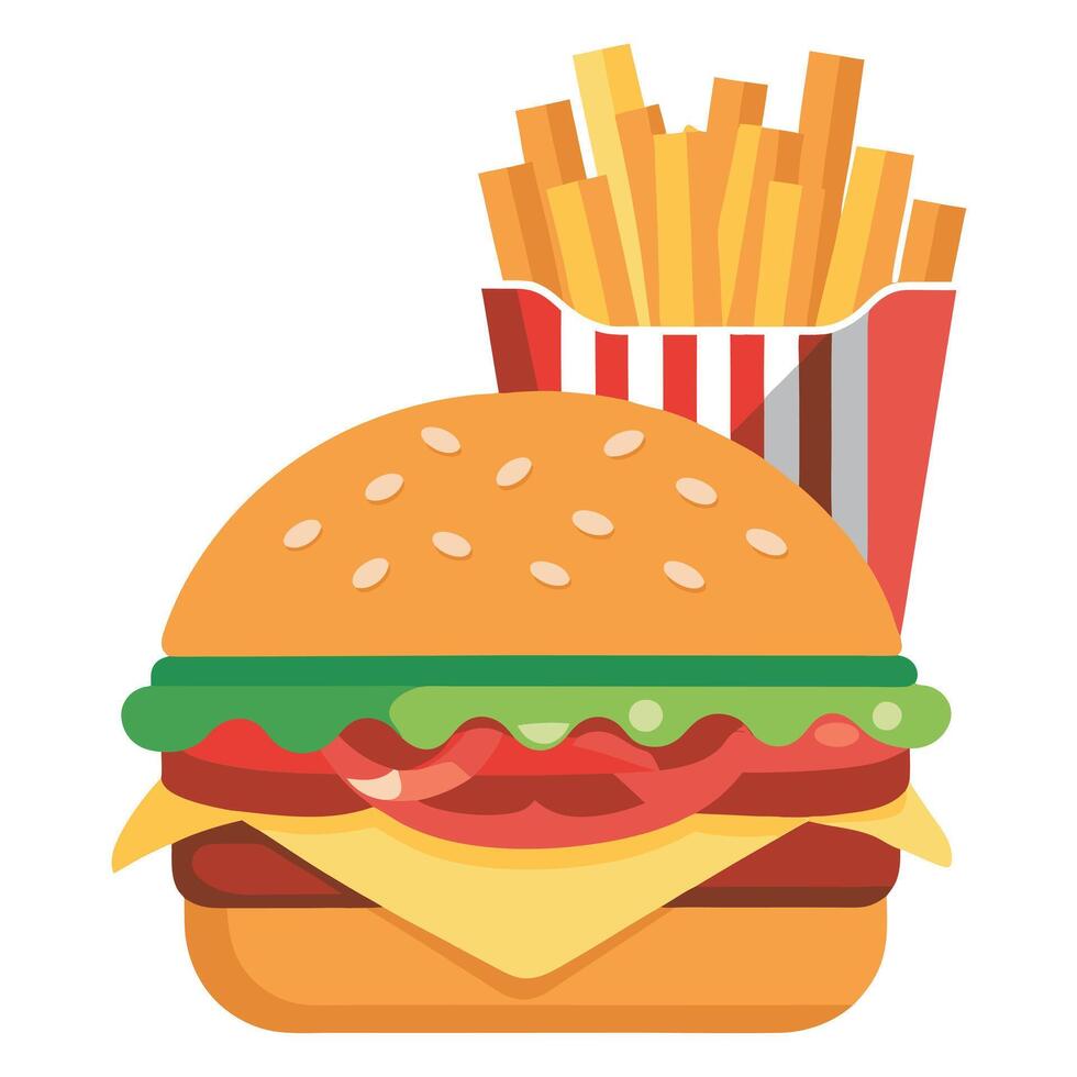 Deluxe grilled burger with bacon and gorgonzola served with fries at a casual diner vector