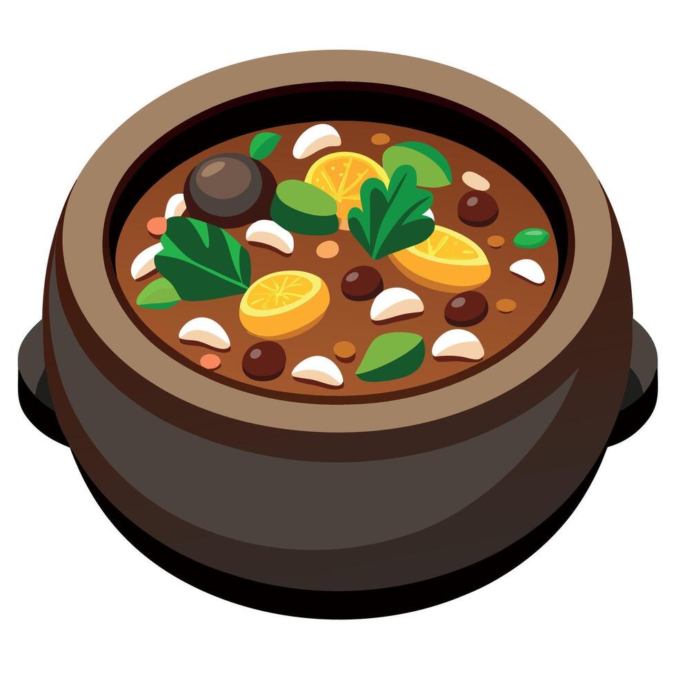 Close-up of Brazilian feijoada over wooden table. Tasty meal. Delicious food for dinner. vector