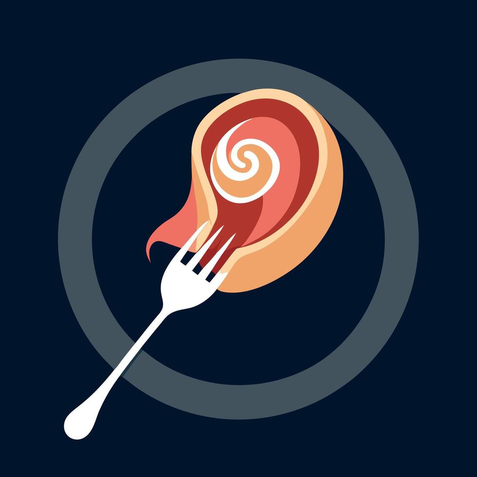 Elegantly twirled slice of prosciutto ham on an fork. isolated on a dark background vector