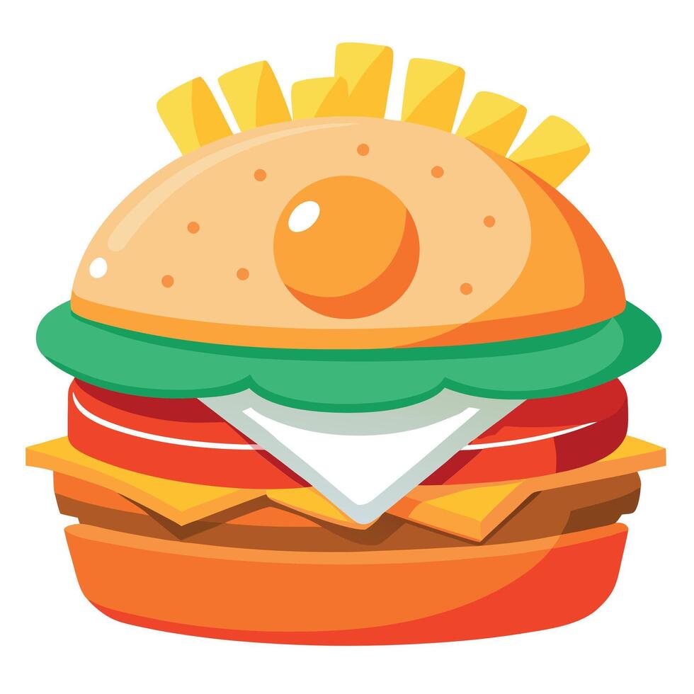 A delicious cheeseburger with a fried egg on top and a side of crispy french fries. vector
