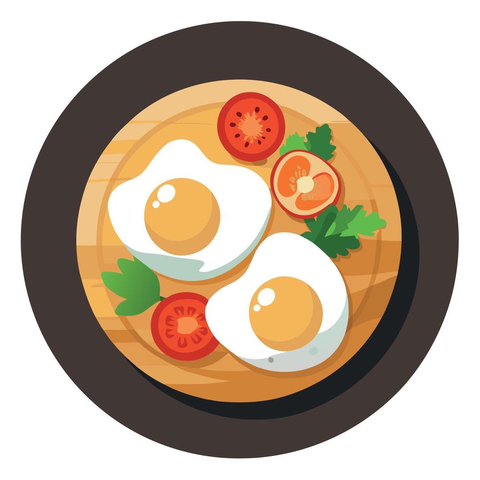 Delicious fried eggs with veggies on a wooden table top view with copy space image vector