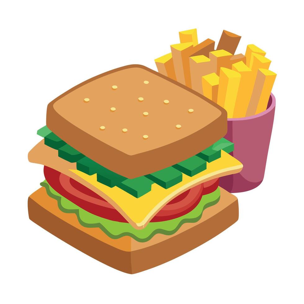 American meat and cheese sandwich with caramelized onions on rye bread served with fries vector
