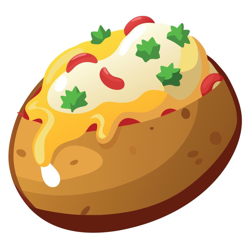 Loaded baked potato. baked potato topped with cheese. sour cream. bacon and green onion. vector