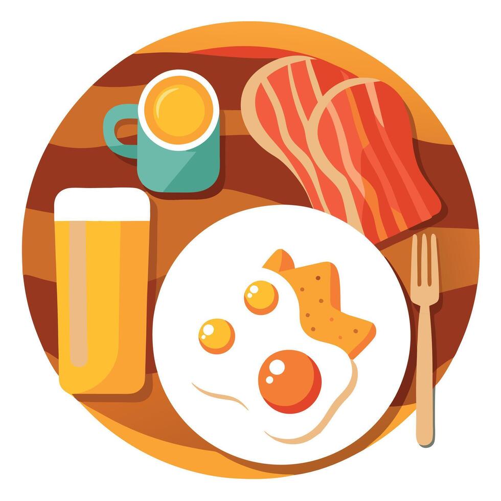 Delicious Breakfast Plate with Scrambled Eggs. Crispy Bacon. and Toast on Rustic Wooden Table vector