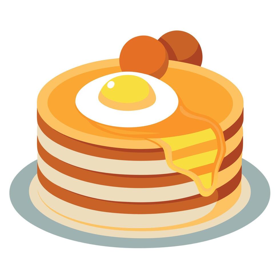 A stack of buckwheat flour pancakes served with a side of crispy bacon and eggs sunny side up. vector