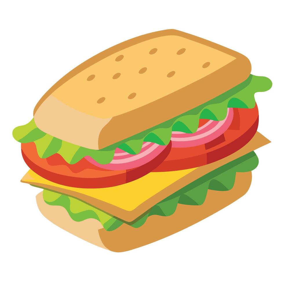 Close-up of a sandwich made with sliced bread. filled with fresh vegetables and deli meat vector