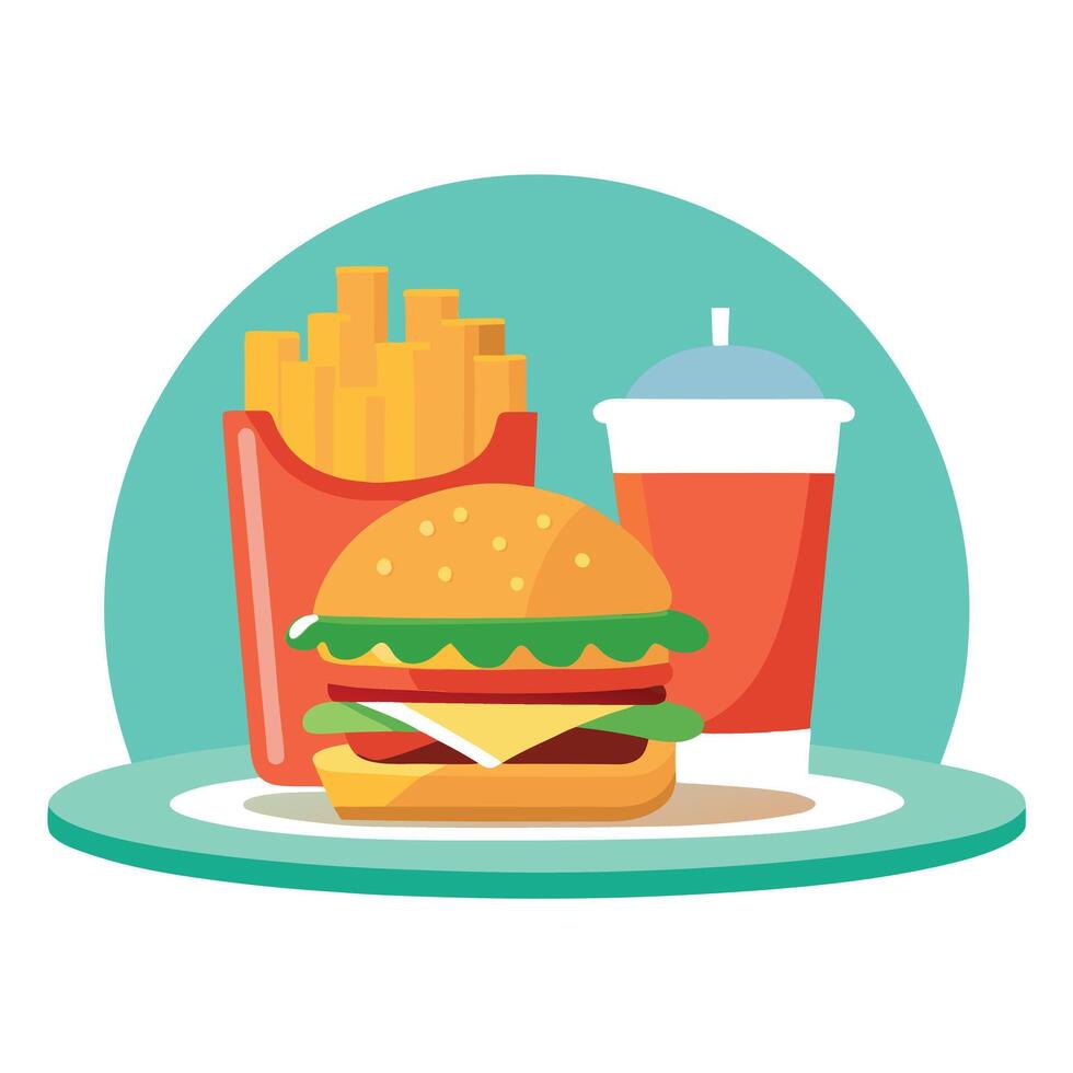 A burger with meat. lettuce. tomato. and sauce on a plate next to French fries on a table. vector
