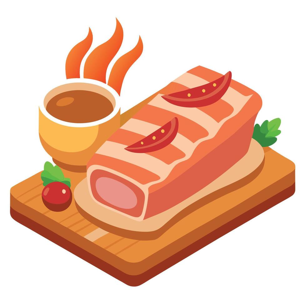 Close up of Piece of baked pork belly served with sauce and chili pepper on wooden board. vector