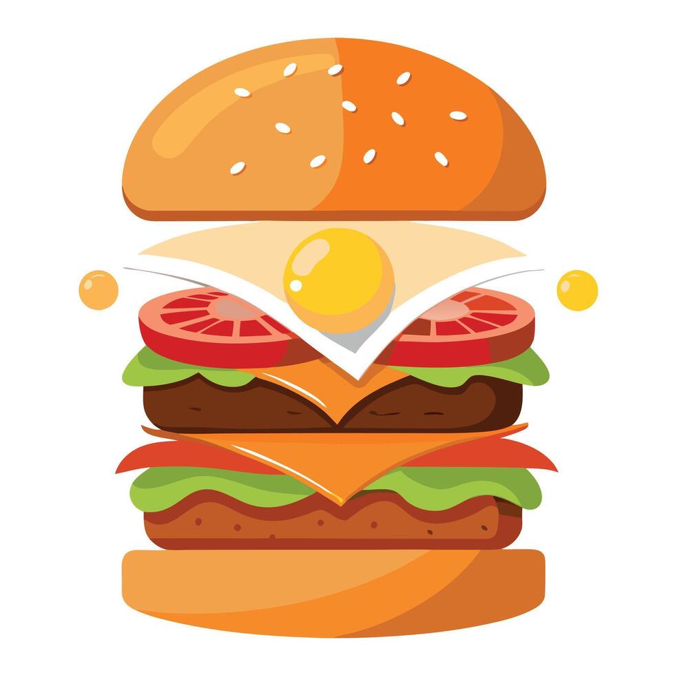 A double whooper burguer with fried eggs and bacon. floating with its ingredients aligned vector