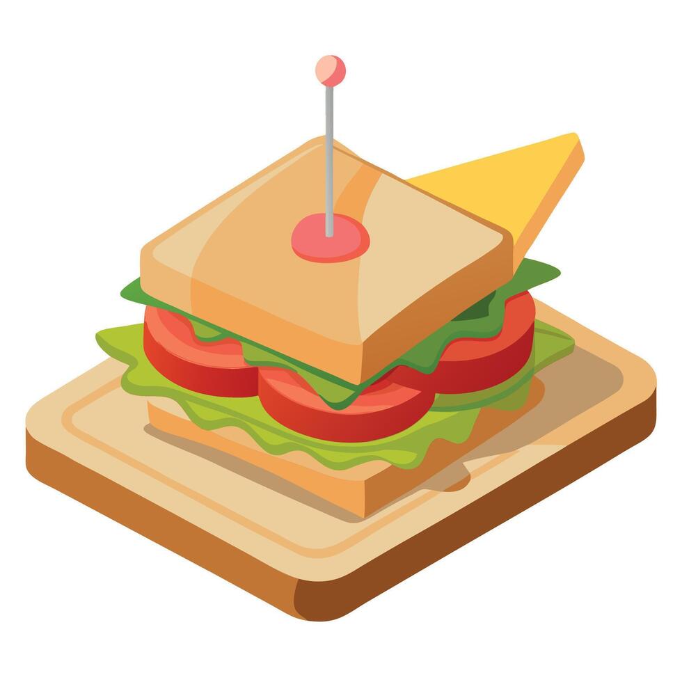 A ham. lettuce. tomato. and cheese sandwich arranged on a cutting board Toothpick for garnish vector