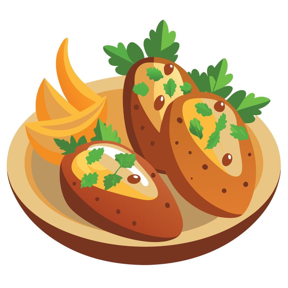 Grilled stuffed potatoes garnished with fresh herbs. served with a side of roasted wedges vector