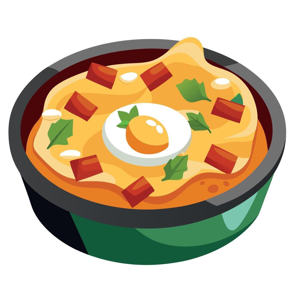 Close-up of a hearty breakfast casserole with eggs. bacon. cheese. and green onions on a plate vector