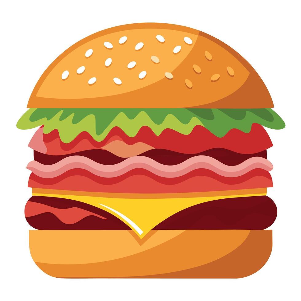 Oversized cheeseburger with bacon and lettuce. in the style of christcore. classic. traditional vector