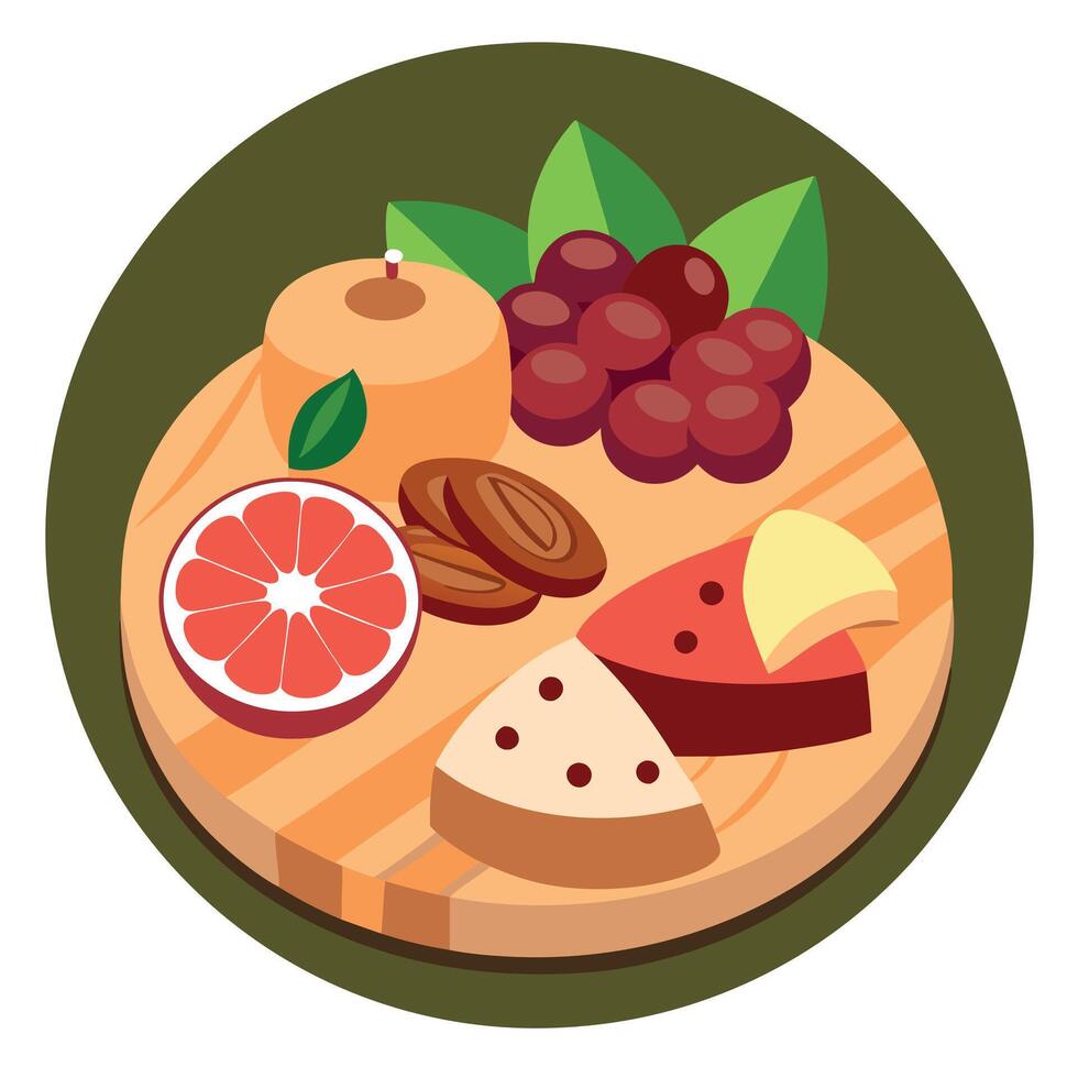 A detail of a charcuterie board with nuts. meats. and fruits on it with a low depth of field. vector