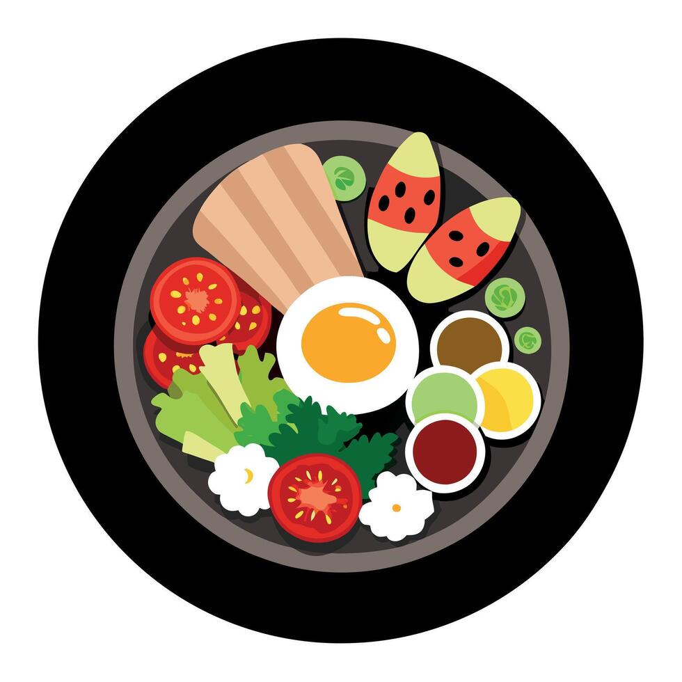 Cobb salad with chicken avocado tomatoes eggs bacon and cheese with sauce on a black table top view vector