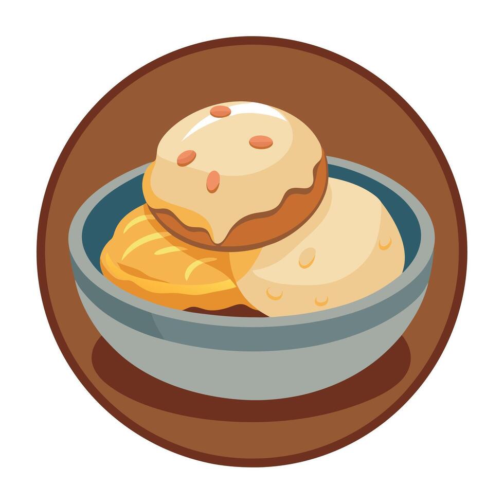 Homemade biscuits with sausage gravy and crumbled bacon served in a bowl on rustic wooden table vector
